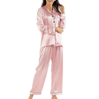 Immagine di Ladieshow Pigiama da donna in raso, set due pezzi a maniche lunghe, rosa, S