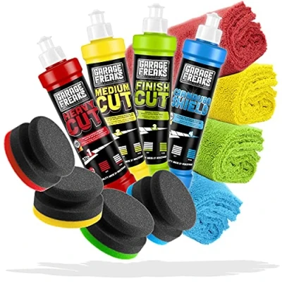 Immagine di Garage Freaks Set Completo per lucidatura a Mano: Heavy Cut 250 ml+Medium ml+Finish ml+Protection Carnauba Shield ml+4 spugne lucidatura+4 Panni in Microfibra 40x40cm 550 gsm