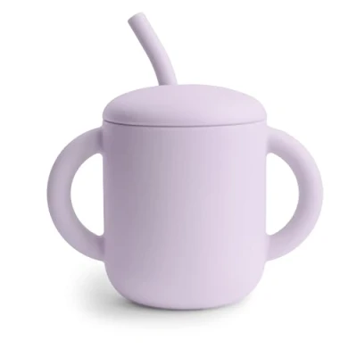 Immagine di mushie Tazza da allenamento in silicone e paglia 6+ mesi 175 ml, con manici antiscivolo a prova di fuoriuscite, senza BPA, non perdite, 100% per uso alimentare Soft Lilac