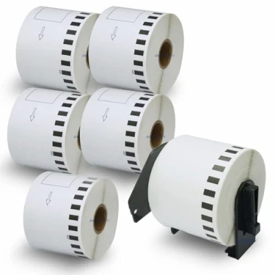 Immagine di BETCKEY 6 Rotoli DK 22205 Etichette a Lunghezza Continua Compatibile con Brother, 62mm x 30.48m, per Stampanti di Brother QL (1 Portaetichette Riutilizzabili)