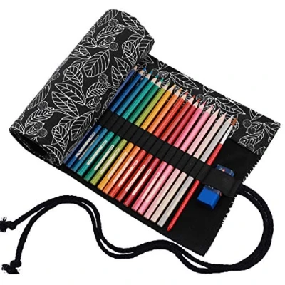 Immagine di amoyie Sacchetto della matita tela rotolo astuccio per 48 matite colorate (no inclusa matite) foglia nera