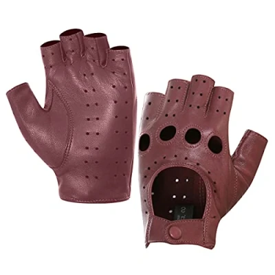Immagine di Harssidanzar Donna Guanti da guida in pelle senza dita Mezzo dito sfoderato montone GL012,Borgogna,taglia M