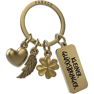 Immagine di FABACH portachiavi con angelo custode, 3 ciondoli incisione quadrifoglio a forma di cuore portafortuna Buon successo regalo piccolo portafortuna, Bronzo
