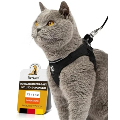 Immagine di Tierhood Set di pettorine per gatti con guinzaglio libertà controllata Imbracatura morbida Confortevole, regolabile e robusta (Nero, XS)
