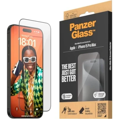 Immagine di PanzerGlass Protettore per schermo resistente ai graffi Apple iPhone 15 Pro Max display cristallino e protezione dagli urti con aiuto il montaggio un&#039;installazione facile