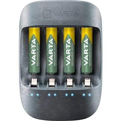 Immagine di Varta Eco Charger, Adatto per 4 Batterie AA/AAA, Alloggiamento in 50% Bioplastica con Carica Singola e di Mantenimento, Incluse Ricaricabili AA 2100 mAh, Confezione Ecologica
