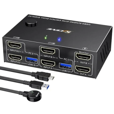 Immagine di MLEEDA USB 3.0 KVM switch HDMI 2 PC monitor 4K@60Hz 2K@144Hz, emulatore EDID, Dual per computer Condividi display e 4 porte 3.0, telecomando cablato cavi inclusi