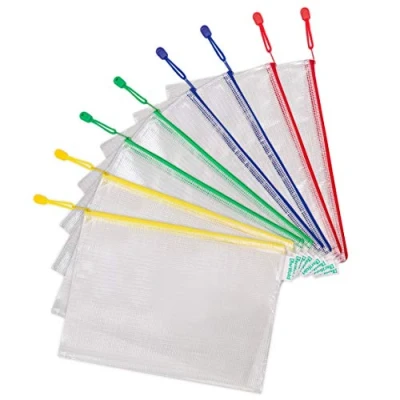 Immagine di Set di 8 buste in plastica A4 con chiusura zip per documenti, cartelle trasparenti, ufficio, viaggio, scuola, casa, 4 colori assortiti