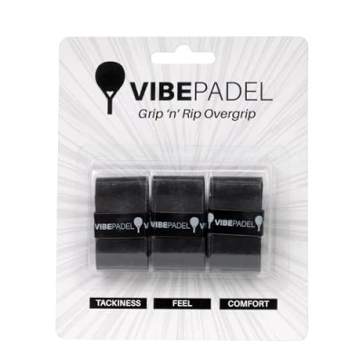 Immagine di VIBEPADEL Grip &#039;n&#039; Rip Padel Overgrip Antiscivolo per Racchette da Paddle, Pickleball, Squash, Badminton Confezione 3 Colori Multipli (Confezione Tutta Nera)