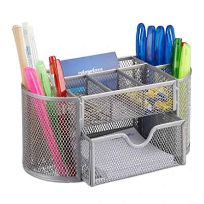 Immagine di Relaxdays Organizer da Scrivania Ufficio, con Portapenne e Cassetto, Rete in Acciaio, HxLxP: 10,5x22x11cm, Argentato