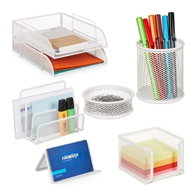 Immagine di Relaxdays Set da Scrivania, 7 Accessori Ufficio, in Acciaio, Porta Lettere, Documenti, Bloc Notes, Portapenne, Bianco