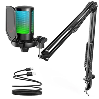Immagine di FIFINE USB Microfono Kit per PC Gaming PS5, RGB a Condensatore da Tavolo con Pulsante di Silenziamento, Filtro Anti Pop e Supporto Antiurto Streaming Podcasting Youtube Podcast