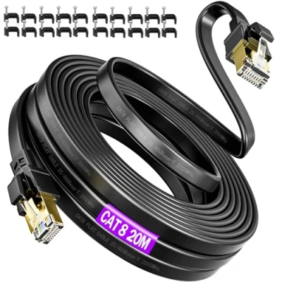 Immagine di Cavo Ethernet 20 Metri, 40Gbps 2000MHz Cat 8 di Rete 20m Schermato Alta Velocità Gigabit LAN Piatto Anti jamming Filo Lungo Internet Patch Nero per Router Modem Switch PS4/5