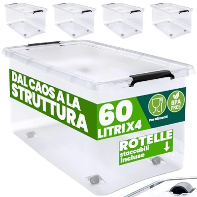 Immagine di Deuba® 4X 60L Scatole in Plastica Trasparente Senza BPA Contenitori con Coperchio Impilabili Ruote Cassette Salvaspazio