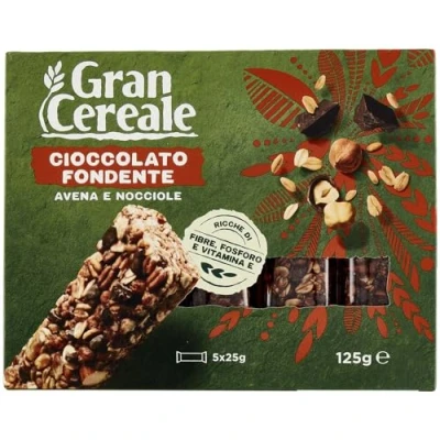 Immagine di Gran Cereale, Snack Barrette al Cioccolato Fondente, Avena, e Nocciole Colazione Dolce 125 g