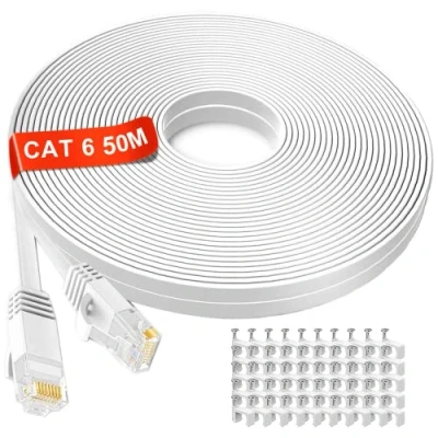 Immagine di Cavo Ethernet 50 metri, Cat 6 Alta Velocità di Rete Esterno Interno, 50m Lungo Piatto LAN, Nucleo in Rame Puro Internet 50m, RJ45 Gigabit Banda Larga Patch per Router Modem Switch