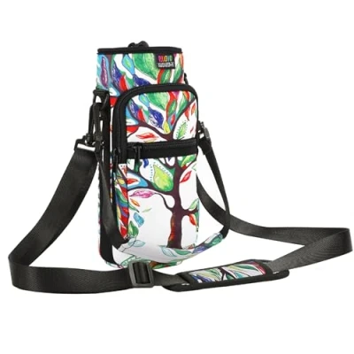 Immagine di Nuovoware Borsa per Borraccia in Neoprene da 25oz/710ml, Custodia Bottiglia con Tracolla Regolabile Maniglia e 2 Tasche Portatile Porta Ciclismo, Campeggio Fortunato Albero
