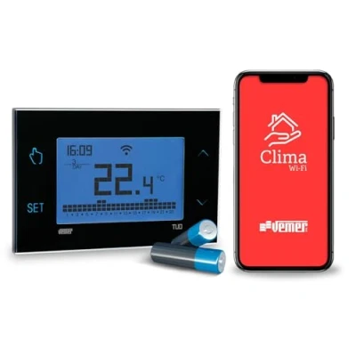 Immagine di VEMER VE788700 TUO WiFi Batteria Termostato a Smart Cronotermostato Controllabile da Smartphone con APP iOS e Android, Compatibile Alexa Google Home, Nero