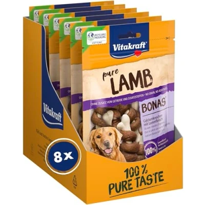 Immagine di Vitakraft snack di carne, Pure Lamb Bonas, ossi al calcio con carne agnello, leccornia per cane, in saccetto richiudibile, senza l&#039;aggiunta zuccheri e cereali (8x 80g)