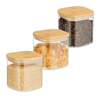 Immagine di Relaxdays Set da 3 Barattoli per Alimenti, Coperchio Ermetico in bambù, Recipienti Vetro, 600 ml, Trasparente Naturale