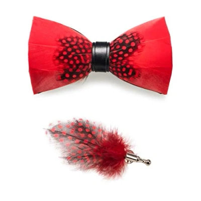 Immagine di JEMYGINS Papillon fatto a mano, in pelle, con piume, confezione regalo, da uomo, per matrimonio e feste, Rosso, M
