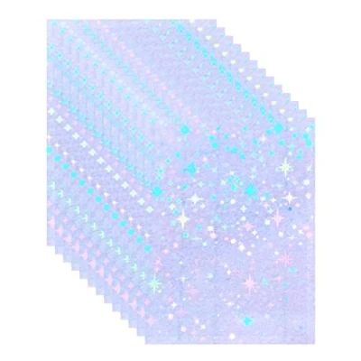 Immagine di 20 fogli A4 (210 x 297 mm), con stelle, carta adesiva olografica in vinile, trasparente, autoadesiva, rivestimento olografico