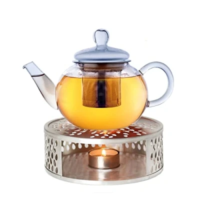 Immagine di teiera in vetro + Fornellino per acciaio inossidabile, 3 pezzi, con colino integrato inossidabile e coperchio vetro, ideale la preparazione di tè sfusi / 800 ml 0,8 l