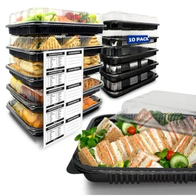 Immagine di ebake Vassoi per Buffet (34 x 24,5 7,4 cm) di Servizio Catering a Ermetici Alimenti con Coperchi Trasparenti e Etichette Adesive Panini (Confezione da 10)