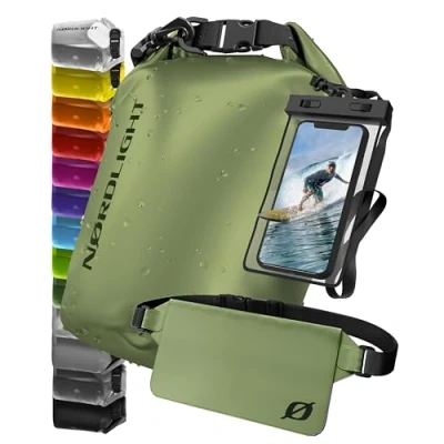 Immagine di Borse Impermeabili Con Custodia Per Cellulare E Marsupio Impermeabile (10L, Verde Oliva) Dry Bag A Secco Chiusura Rotolo Nuoto, Canottaggio, Spiaggia, Stand Up Paddling