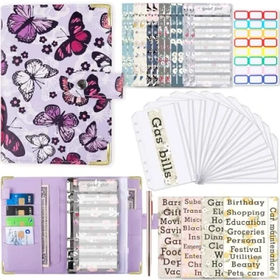 Immagine di Raccoglitori ad Anelli A6 Budget Binder Planner Agenda con 12 Buste Porta Soldi Cash Stuffing Raccoglitore per Risparmi di Contanti Organizzatore Trasparenti (Farfalla)