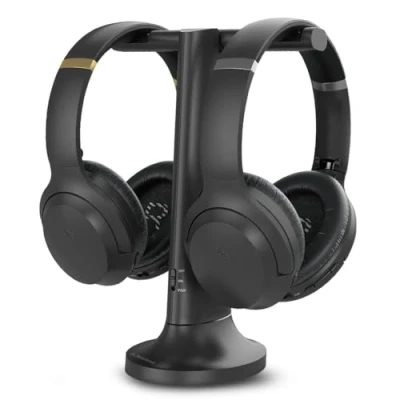 Immagine di Avantree Duet Doppie Cuffie Wireless per Guardare la TV, con Trasmettitore Supporto di Ricarica 2 in 1, Modalità “Dialogo Chiaro e Volume Incrementato Gli Anziani
