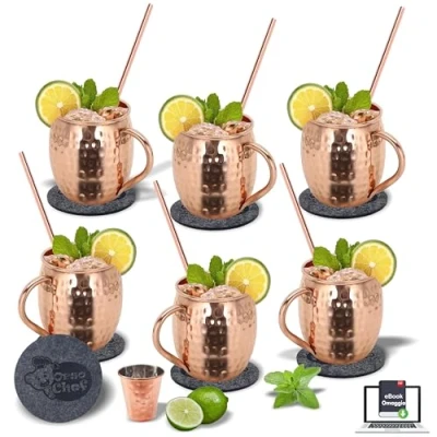 Immagine di Orso Chef Set Completo Di 6 Bicchieri Cocktail Moscow Mule Rame Accompagnati Da Cannucce, Sottobicchieri E Dosatore Acquistando In Omaggio Esclusivo book Con Ricette Suggerimenti Per