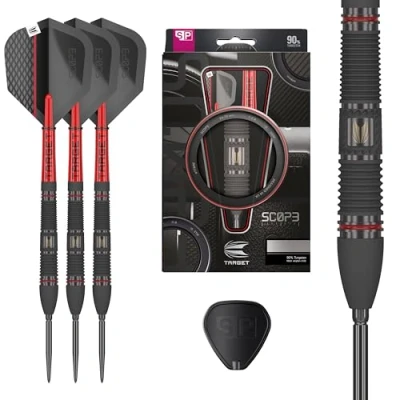 Immagine di Target Darts Scope Steel Tip Swiss Point Darts, 90% Tungsten Dart Set, Barrel 02 24G Sets, Red &amp; Black Professional Set with Points Tool