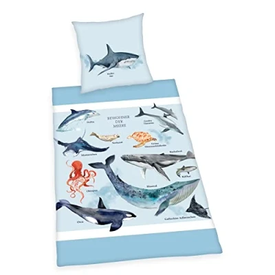 Immagine di Herding Set Biancheria da Letto, Creature del Mare, Federa 70 x 90 cm, Copripiumino 140 200 Con Cerniera Scorrevole, 100% Cotone Renforcé, Blu