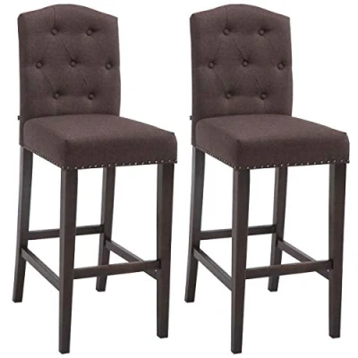 Immagine di Set 2 Sgabelli Bar Cucina Louise Chesterfield in Tessuto e Legno Coppia Sedie Sgabello Bancone con Schienale H 77cm, Colore:marrone, Colore del telaio:antico
