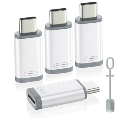 Immagine di MoKo Adattatore Femmina Lightning a Maschio USB C per iPhone 15 PRO Max Plus, 4 PZ Supporto Ricarica/Trasferimento Dati, Non Auricolari/Audio/OTG, Bianco+Grigio