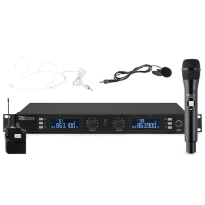Immagine di Power Dynamics PD632C 2X Set di 2 Microfoni Radio UHF, 20 Canali, 1 Gelato, Headset con Trasmettitore Tascabile, x Canali PLL, Struttura Rack da 19, Valigetta in Alluminio, Nero
