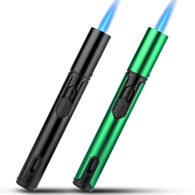 Immagine di Bbsisgo Accendino Jet Flame, a Gas Butano Ricaricabile, Antivento Lungo per Candele, Cucina, Campeggio, Barbecue, Camino. Regalo Uomo (Venduto Senza Gas) (Nero e Verde)