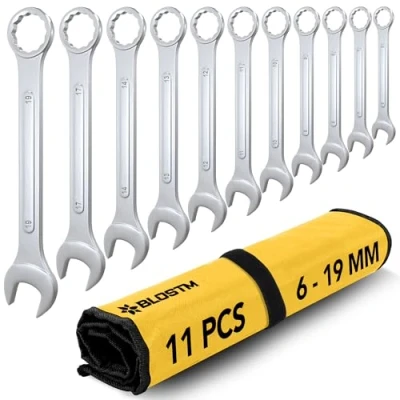 Immagine di BLOSTM Set di Chiavi Combinate 11 Pezzi (6 mm 19 mm), Cromate, Metriche a Doppia Estremità Forgiate Goccia Include Custodia Arrotolabile PZ