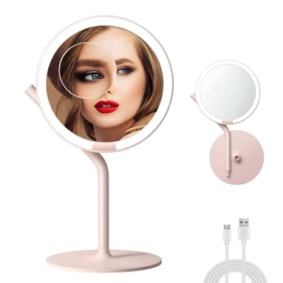 Immagine di AMIRO Specchio per il trucco illuminato a led da 8,5&quot;con luminosità 5 livelli, Touch Control, Rotazione di 180 (specchio in plastica rosa) (Rosa)