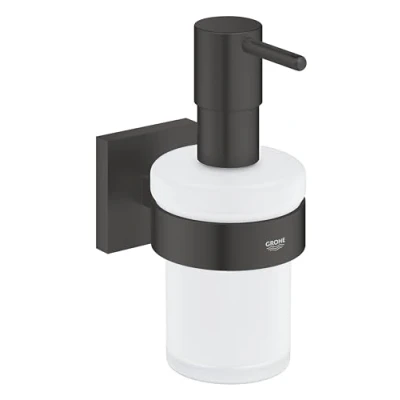 Immagine di Dispenser di sapone GROHE Start Cube QuickFix con supporto (materiale: vetro e metallo, quantità riempimento 160 ml, viti tasselli), 158 mm, QuickGlue, nero opaco, 410982430
