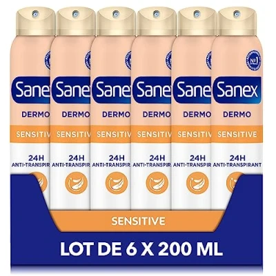 Immagine di SANEX Deodorante antitraspirante spray Dermo Sensitive Protezione anti sudore e odori 24 ore Per pelli sensibili ripristina il pH naturale Testato dermatologicamente Confezione da 6 x 200