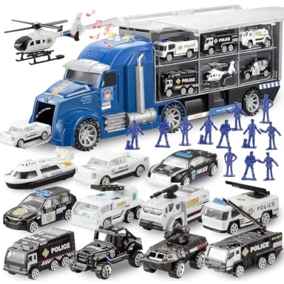 Immagine di JOYIN 25 in 1 Set Giocattolo per Auto Camion di Soccorso della Polizia Pressofusa con Suoni e Luci, Mini Veicoli nel Portante, Regali Compleanno Ragazzi Oltre 3 Anni