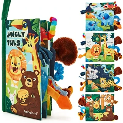 Immagine di hahaland Libri di Stoffa per Neonati 0 3 6 Mesi Libro Sensoriali con 10 Code della Giungla Neonato Regalo Interattivo Tummy Time
