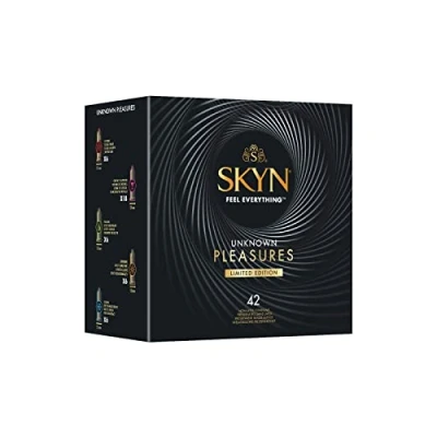 Immagine di SKYN Unknown Pleasures (confezione da 42): assortimento di preservativi uomo con superficie liscia e testurizzata, senza lattice, tecnologia SkynFeel, lubrificati, larghezza nominale 53 mm