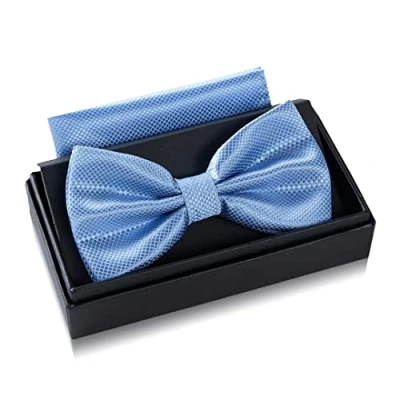 Immagine di Papillon azzurro con fazzoletto da uomo Set per matrimonio regolabile in