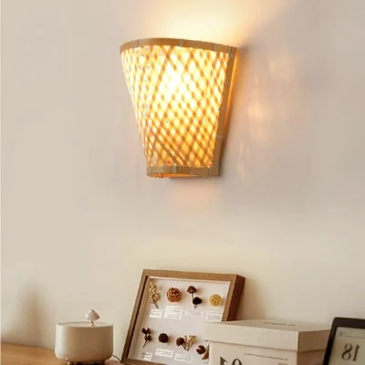 Immagine di Schindora Boho Applique Da Parete Interno,Rustic Bambù Camera Letto A Forma Di Cestino Fattoria Paralume Tessuto Mano E27 Per Soggiorno Sala Pranzo