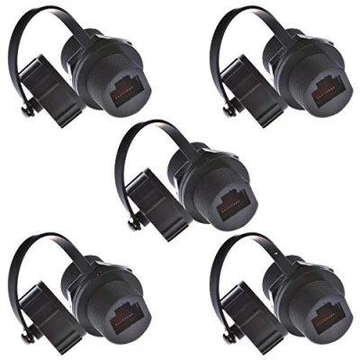 Immagine di PENGLIN 5 prese RJ45 da incasso impermeabili Cat5 / 5e 6 8P8C, connettore Ethernet LAN, adattatore a doppia testa femmina con tappo impermeabile e antipolvere