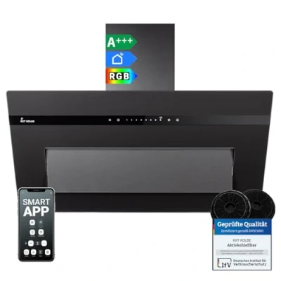 Immagine di KKT KOLBE A+++ cappa aspirante 90 cm 782 cbm/h convezione aria di scarico senza testa vetro nero opaco ricarica automatica Smart WiFi App Wi Fi SensorTouch Illuminazione LED RGBW