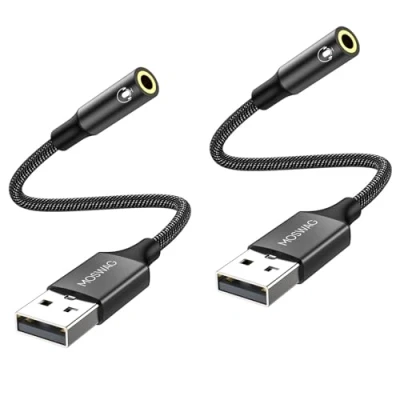 Immagine di MOSWAG adattatore jack da USB a audio (2 pezzi), per scheda esterna con convertitore stereo Aux 3,5 mm compatibile cuffie, PC, laptop, Linux, desktop, PS4